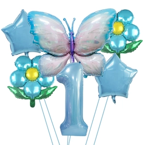 Blue butterfly and flower balloon set with number one for first birthday party decoration