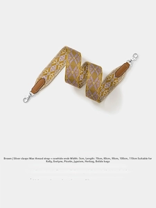 Detail of 5cm geometric woven bag strap with brown leather ends and silver metal clips