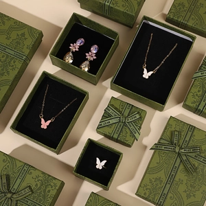 Vintage green jewelry gift box set with butterfly necklace and drop earrings