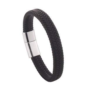 Men's black braided leather bracelet with silver magnetic clasp on white background