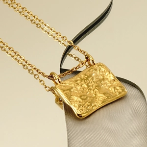 18K gold plated stainless steel necklace with hammered texture rectangular pendant