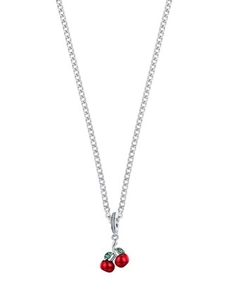 Close-up of red cherry pendant necklace with green leaf detail and fine silver chain