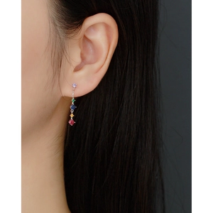Detail of S925 sterling silver drop earrings with five colorful round cubic zirconia stones