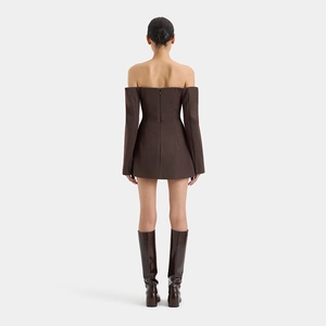 Back view of a sexy brown bodycon off-shoulder mini dress with long sleeves for women
