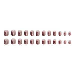 Short square press-on nails set with pink-purple marble ombre and silver foil accents