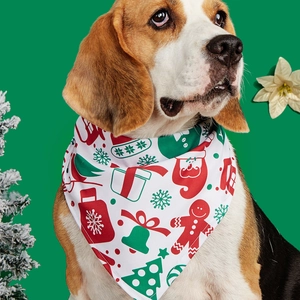 Christmas pet bandana with festive gingerbread man and tree pattern on beagle dog