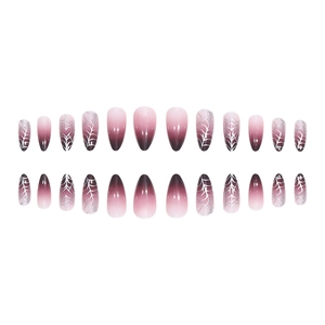 Almond-shaped purple gradient press-on nails with silver spider web and heart designs