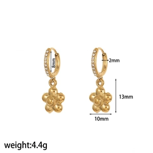 Detailed dimensions of gold stainless steel flower earrings with diamond accents