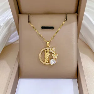 Goldene Edelstahl Halskette Mit Kupfer Anhänger Religiöse Figur Schmetterling Herz Zirkon Für Damen Elegant