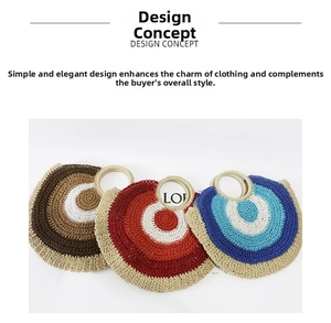 Detail of round straw bags with circular handles in dark coffee, red, and blue colors