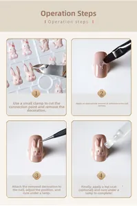 Step-by-step tutorial for 3D pink resin rabbit nail art charms application guide