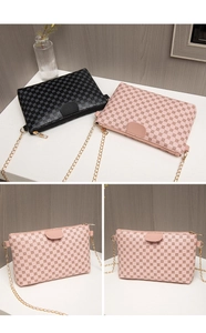 Chic ladies bags in black and pink with gold chain straps and monogram patterns