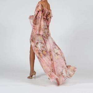 Pink floral off-shoulder maxi dress with long sleeves and flowy chiffon fabric design