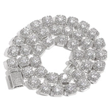 Close-up of 12mm silver cuban link chain featuring dense square-cut crystal pave setting