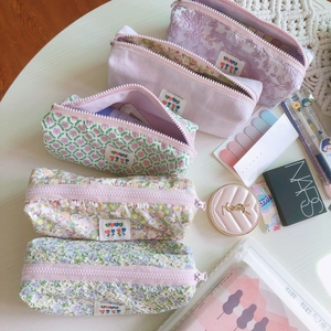 Estuche De Lápices De Lona Floral Dulce Bolsa De Cosméticos Pana Bordado Encaje Organizador Papelería Púrpura Estilo Fresco