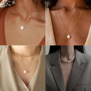 Elegant layered pearl necklace with baroque pendant and gold chain for women