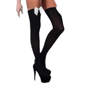 Black velvet over-the-knee socks with white satin bow decoration for women