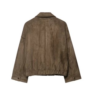 Back view of brown faux suede jacket with elasticated hem and buttoned cuffs