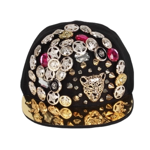 Punk baseball cap with leopard head, metal studs and golden mirror brim for hip hop