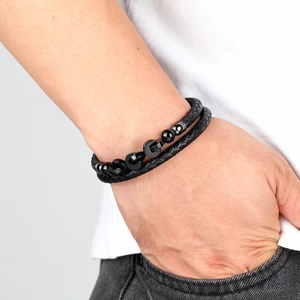 Double-layer braided black leather and beaded bracelet with stainless steel magnetic clasp