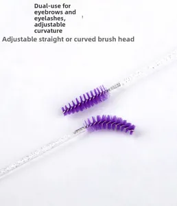 Detail of adjustable spiral eyelash brush with purple bristles and glitter handle