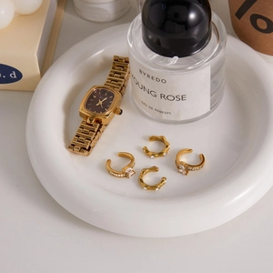 Classic 18K gold plated jewelry set with rhinestone ear cuffs and elegant metal watch