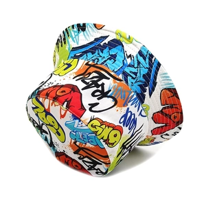 Detailed view of colorful graffiti lettering pattern on reversible cotton bucket hat
