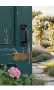 Detail of vintage cast iron door handle with brass backplate on distressed wood surface
