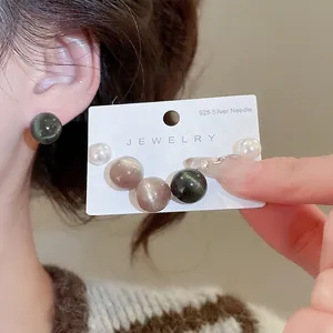 Ensemble de boucles d'oreilles en argent 925 avec perles en résine et œil de chat vert