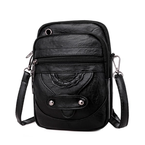 Classic black PU leather crossbody bag for women with multi-layer zippers and lychee texture