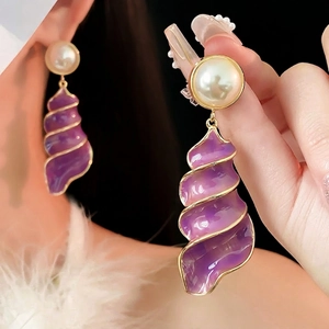 Vintage bohemian seashell earrings with purple resin and white pearl studs in gold finish