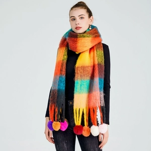 Rainbow Plaid Winter Scarf Polyester Thick Warm Long Shawl With Colorful Pom-pom Tassels For Women
