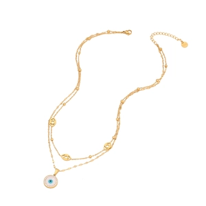 Double-layered gold stainless steel necklace with blue zircon evil eye pendant and beads