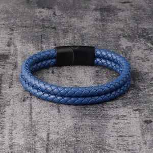 Retro double-layer woven blue leather bracelet for men with matte black metal clasp