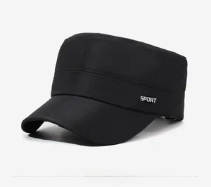 Detailed side view of black flat top cap with metallic SPORT emblem and fine stitching