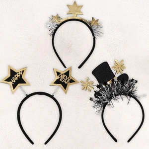 Set of 3 Happy New Year party headbands with black and gold stars and tinsel tassels