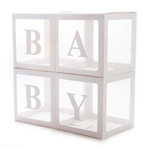 Set of four white transparent BABY balloon boxes for baby shower and birthday party decor