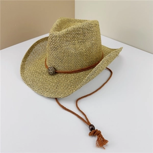 Western Cowboy Hat Hollow Breathable Paper Straw Wide Brim Sun Protection Vintage Metal Buckle Summer Beach Travel