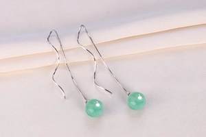 Detailed view of long S925 silver threader earrings with green aventurine jade beads