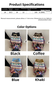 Detailed size chart for ethnic canvas bucket bag showing dimensions and tassel strap info