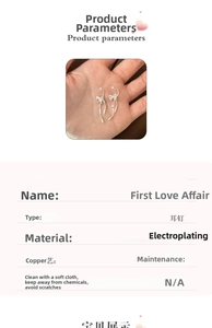 Detail showing silver bow streamer earrings with copper plating and product specifications