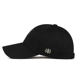 Black cotton baseball cap with ARA cross embroidery and a curved sun visor brim
