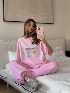 Pink lounge set with Russian letter print featuring soft knit cotton long sleeve tee