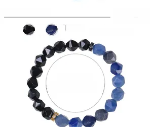 Detail showing 10mm faceted obsidian and blue jade beads with product dimensions
