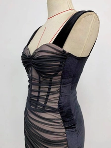 Detail of slim fit velvet mesh dress featuring sheer heart neckline and ruched texture