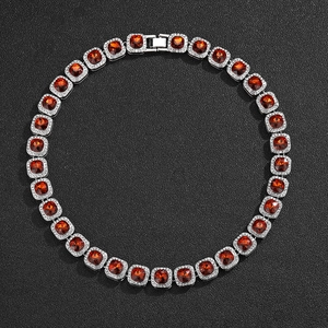 10mm silver cuban link necklace featuring square-cut red gems and sparkling crystals