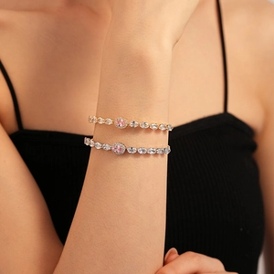 Oval Geometric Open Bangle Copper Pink Zircon Inlaid Light Luxury Elegant Adjustable Cuff Bracelet Fashion Women Jewelry
