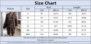 Detailed size chart for leopard print ruffle dress with bust and length in cm and inches