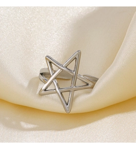 Macro view of silver hollow star adjustable ring on beige satin fabric display