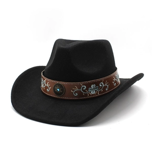 Detail of black cowboy hat with floral embroidered leather band and turquoise gemstone